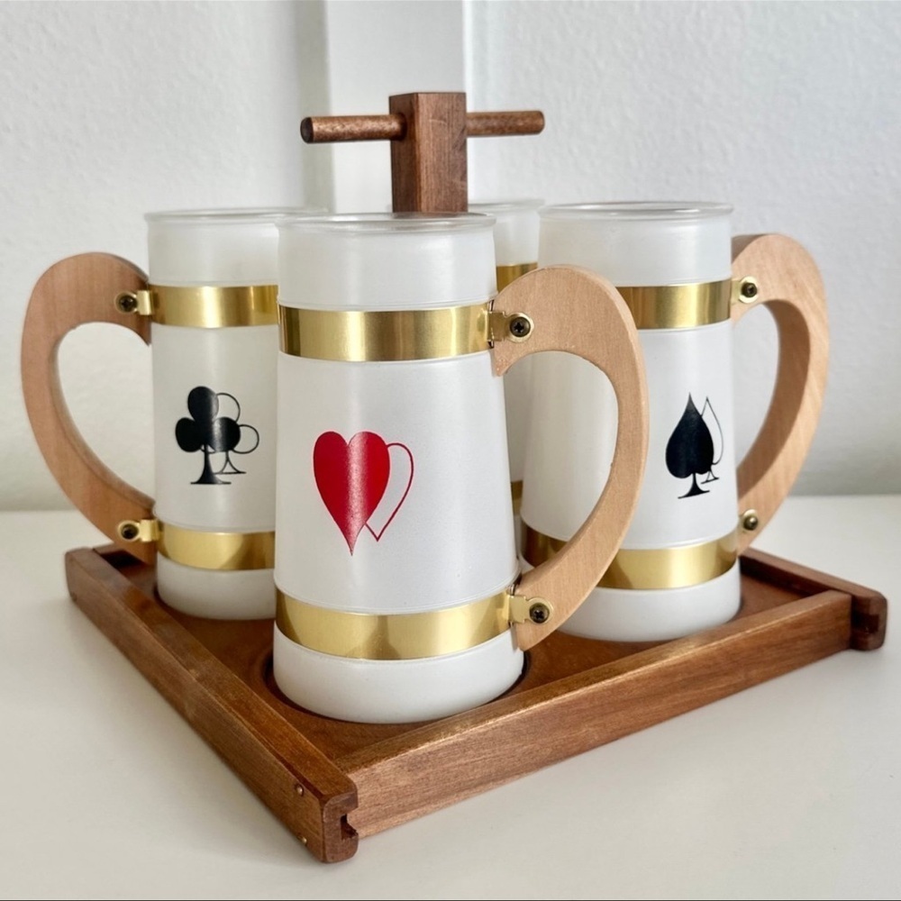 Siesta Ware Poker Heart Spade Mugs Set Wood Tray Caddy MCM Barware Frosted Club